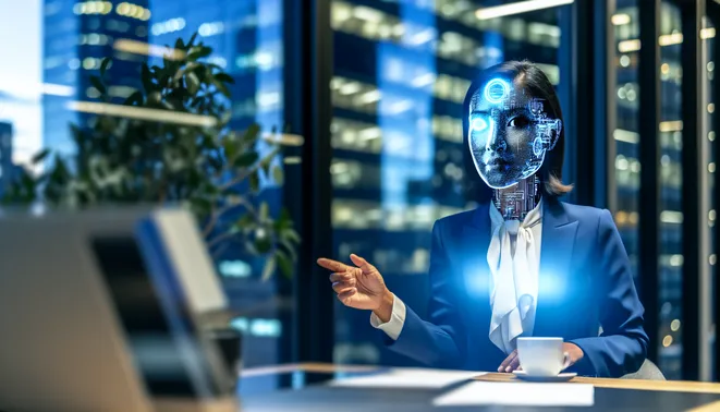 Real estate agent interacting with AI tech in a modern Melbourne office setting