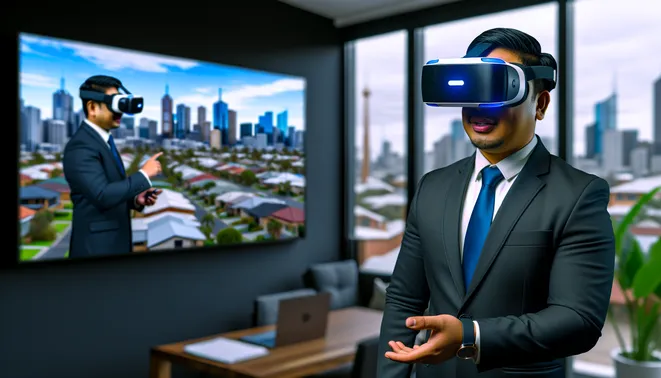 Real estate agent using virtual reality to showcase properties in a Melbourne office.