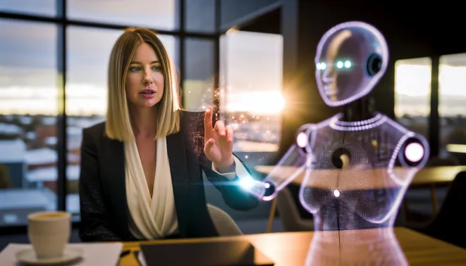 Real estate agent interacting with holographic AI in a modern Melbourne office