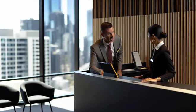 Real estate agent interacting with AI receptionist in a modern Melbourne office space.