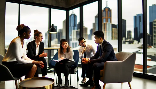 Australian business team discussing AI automation tools in modern Melbourne office.