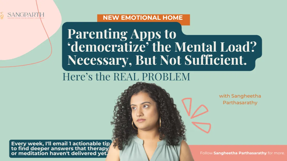A person on a couch looking at their phone while their child tries to get their attention, illustrating the presence gap in modern parenting"