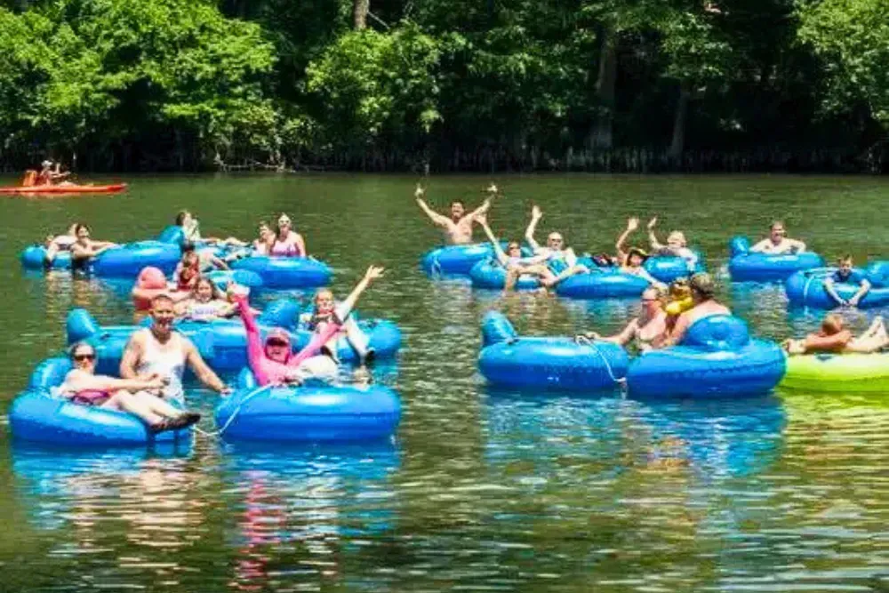 People tubing on a calm river surrounded by a lush green forest.
