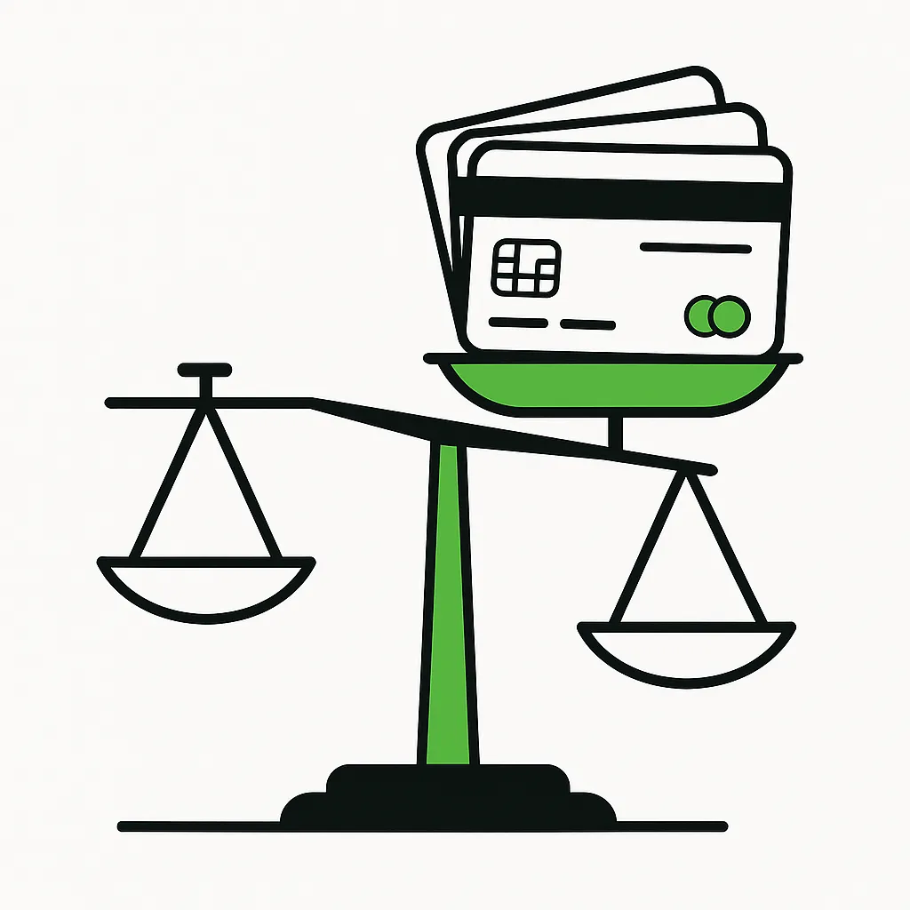 Minimalist illustration of credit cards on a balanced scale symbolizing debt relief and financial stability.