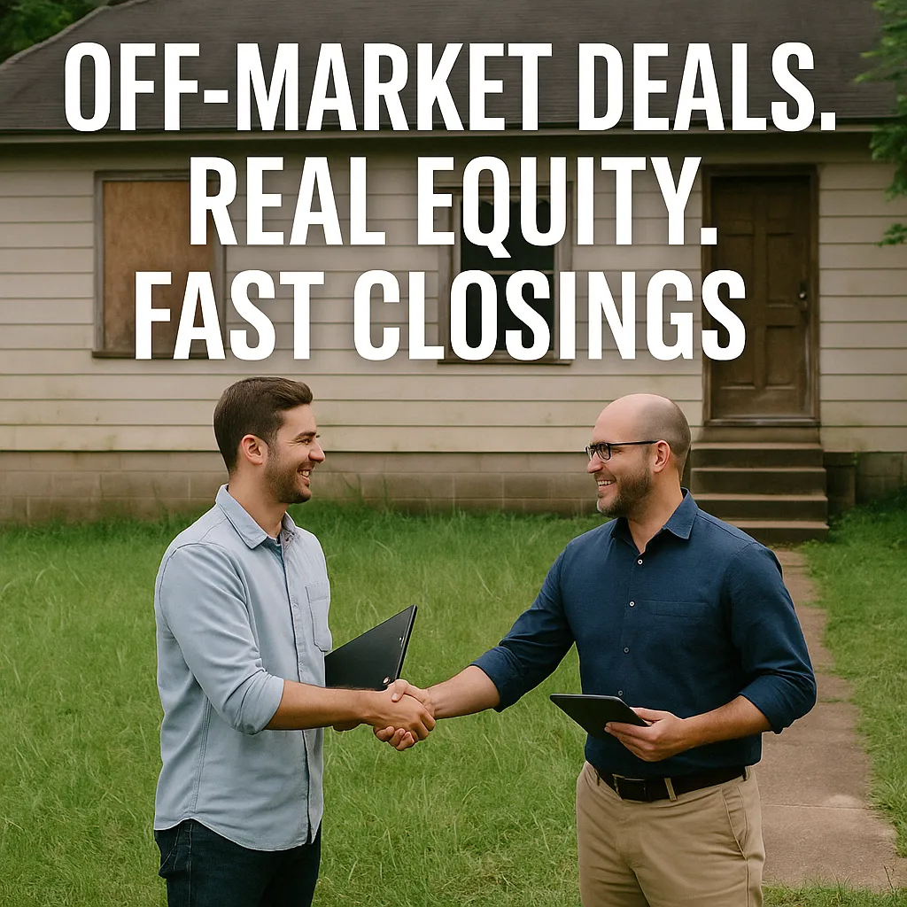 Two real estate investors shaking hands in front of a distressed home, representing a fast cash deal and property acquisition.