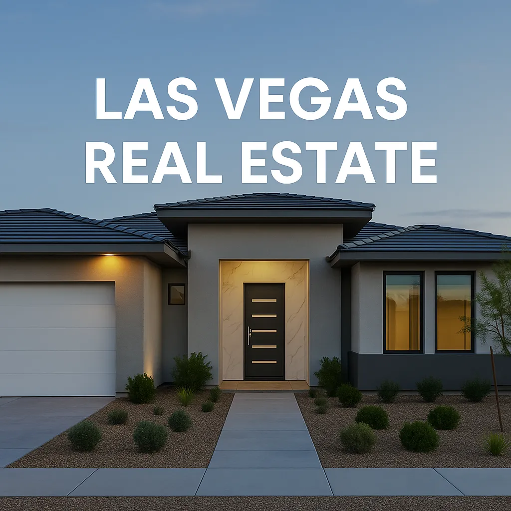 Modern Las Vegas luxury home exterior with palm trees and sunset lighting, representing Prosper Living real estate and elegant Southwest architecture.