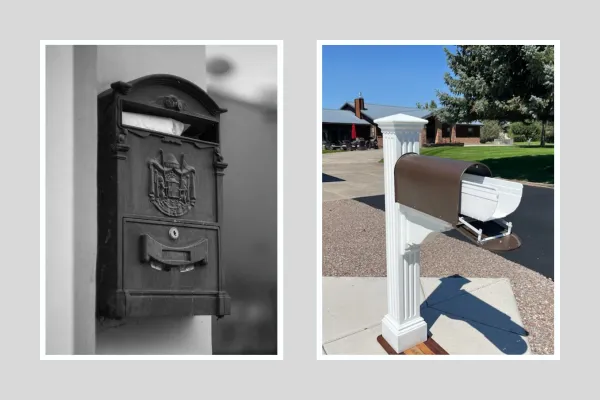 Side-by-side comparison of an old rusty mailbox and Handy Mail.