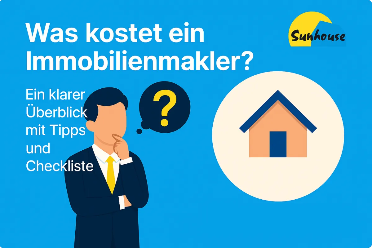 Makler auf blauem Hintergrund der sich die Frage stellt: Was kostet ein Immobilienmakler?