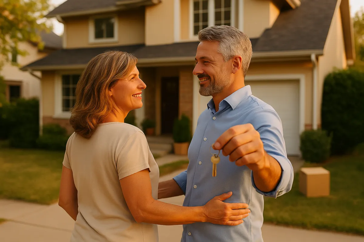 Glückliches Eigentümerpaar steht vor ihrem Haus und hält symbolisch den Schlüssel nach erfolgreichem Immobilienverkauf.