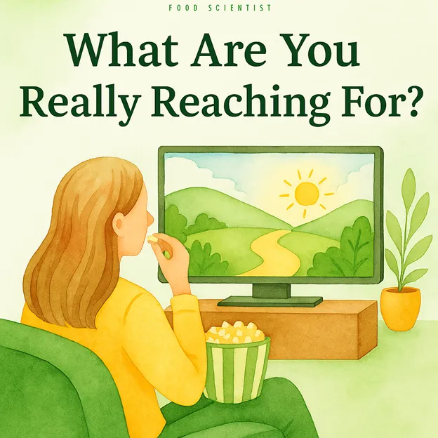 Branded illustration showing hands around warm food and tea on an autumn table. Calm colors reflect a mindful pause in the season. Title: A Mindful Pause Before the Rush.