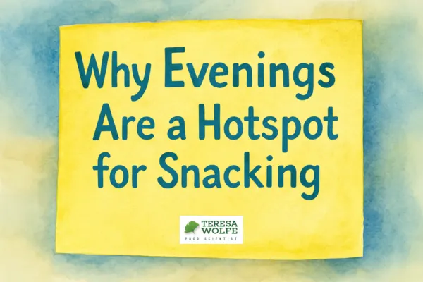 A yellow sticky note with handwritten text reading “Why Evenings Are a Hotspot for Snacking — How Awareness Softens the Pattern,” photographed in soft, warm light against a simple neutral background.