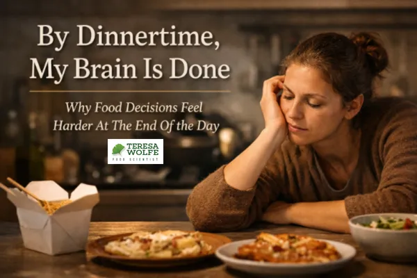 AI generated image of a woman resting her head on her hand at a kitchen counter in the evening, looking tired and overwhelmed by dinner choices, illustrating end-of-day food decision fatigue.