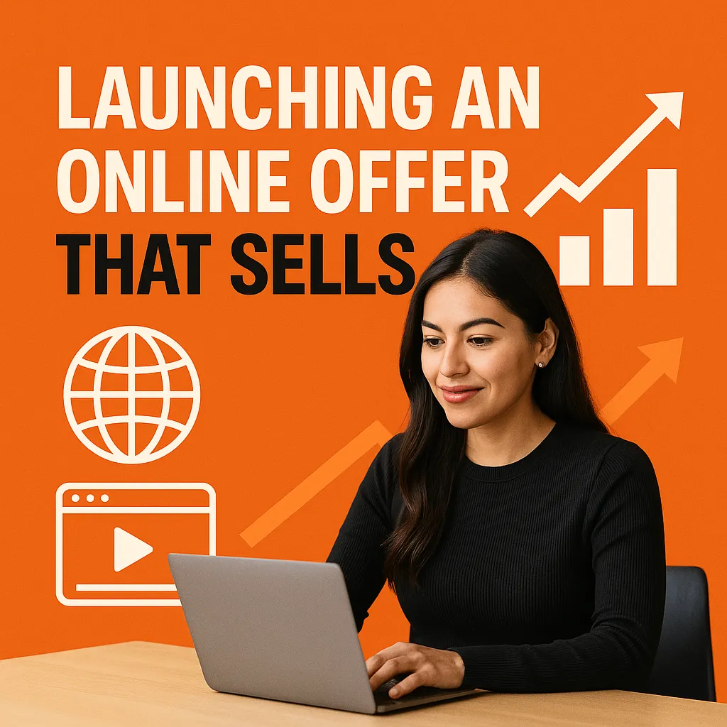 Small business owner sitting at a desk working on an online offer launch, featuring global and digital marketing symbols