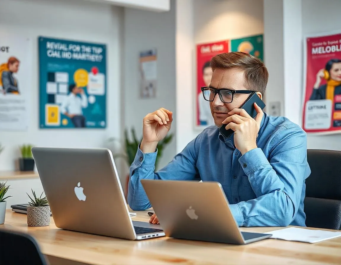 Affiliate marketer on the phone with laptops, showcasing Pay-Per-Call in affiliate marketing campaigns