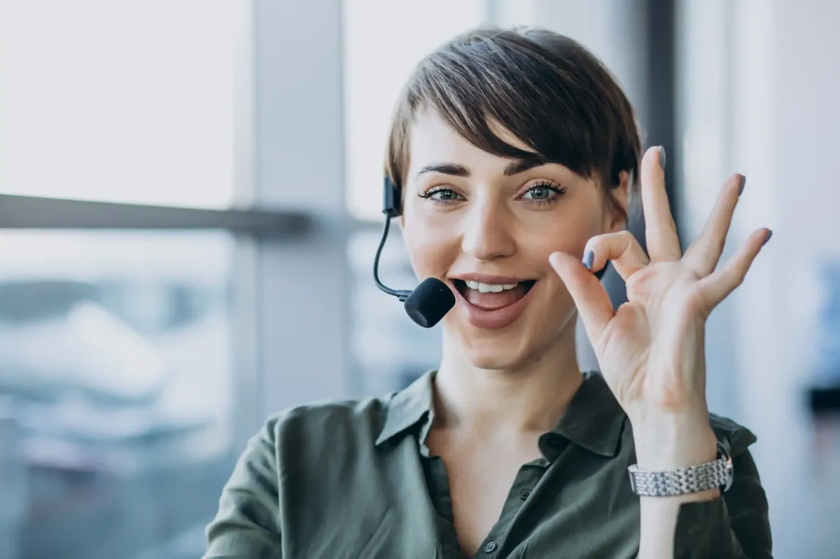 A woman talking with a client