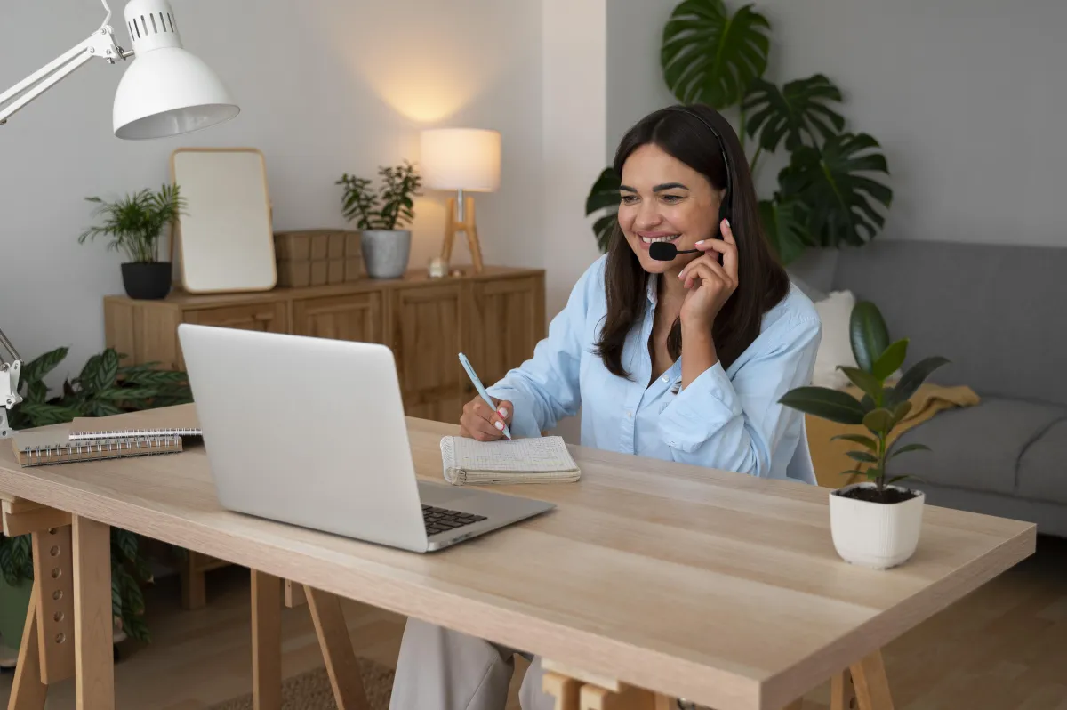 Smiling remote worker on a headset call while taking notes at a home office desk with a laptop