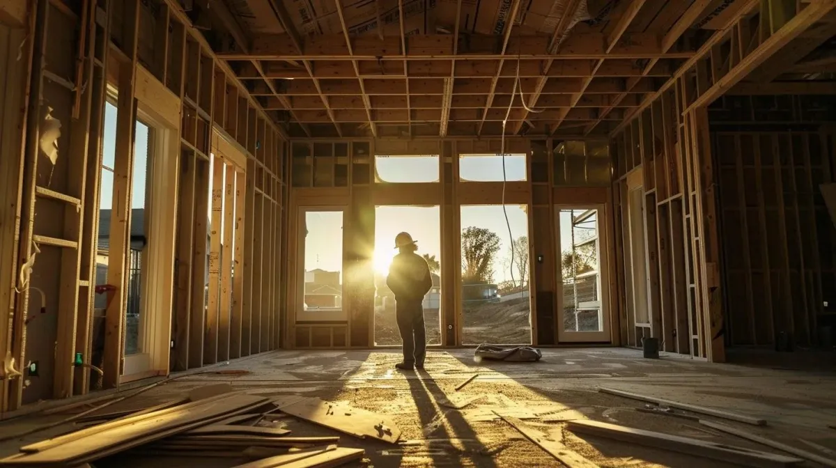 A construction worker in a hard hat stands inside a partially built house, silhouetted against the setting sun shining through large windows.