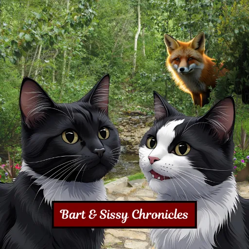 Black and white cats Bart and Sissy in a wooded yard with a red fox in the background, capturing a pivotal moment in their journey from survival to safety