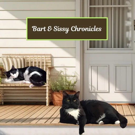 Bart and Sissy lying together on the porch in the afternoon light, relaxed and content — two cats at peace in their shared home, embodying trust, safety, and belonging.