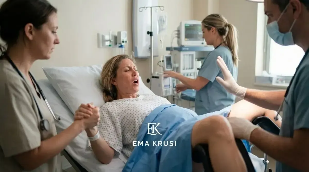 Femme en travail allongée sur un lit d’hôpital, accompagnée par une équipe médicale en salle d’accouchement.