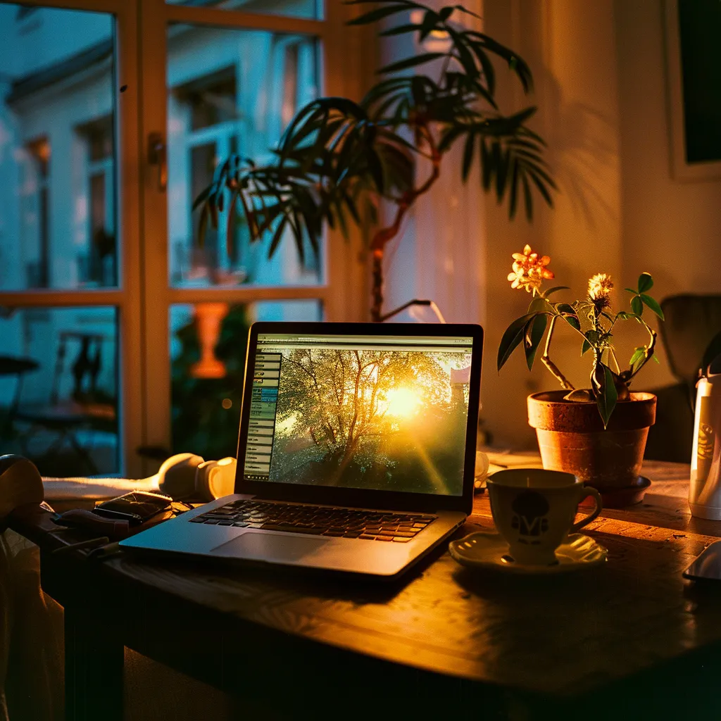 A laptop, a cup of coffee, and digital products displayed on the screen, indicating a work-from-home office environment