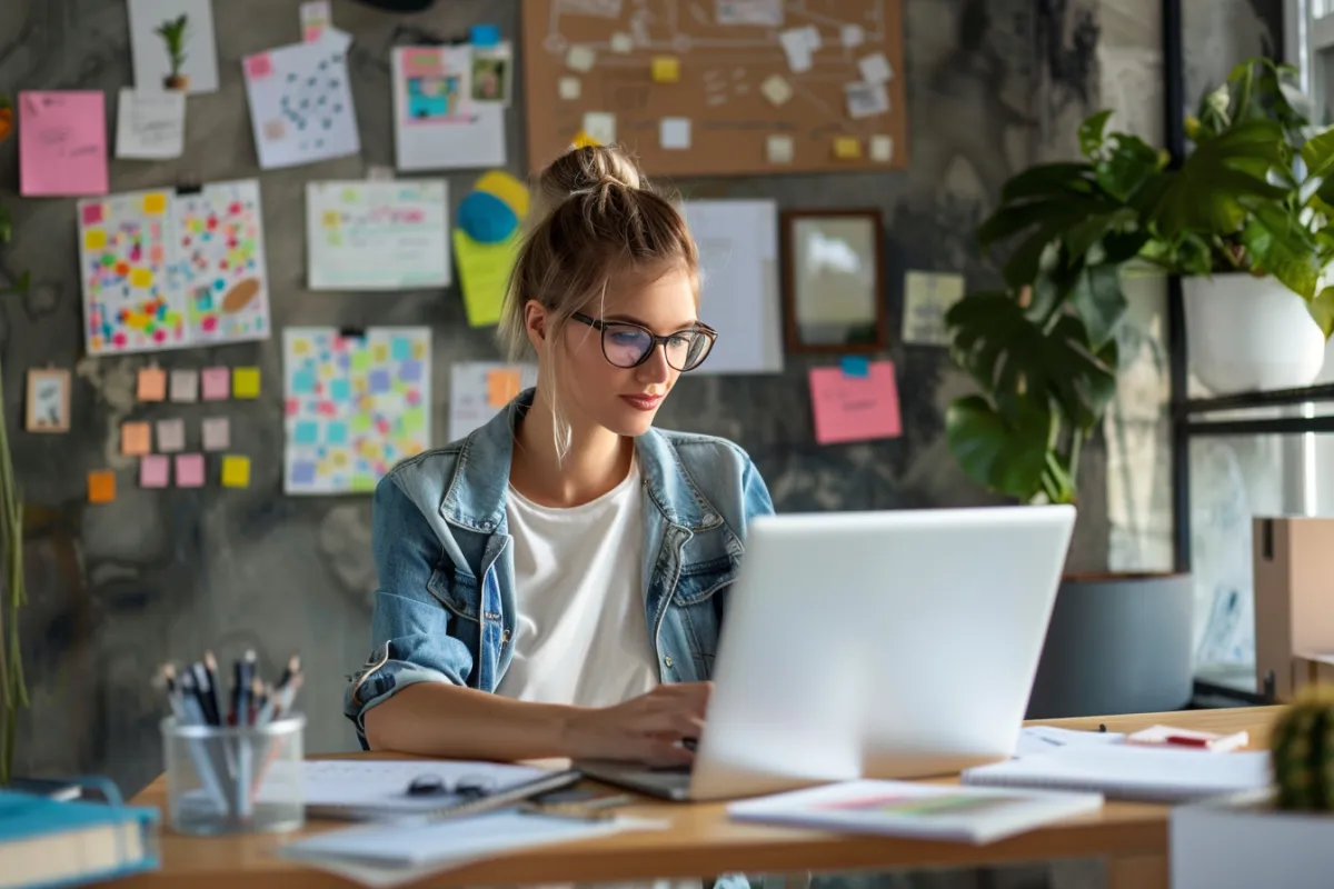 Entrepreneur working diligently on a laptop with a vision board in the background displaying motivational quotes and goals.