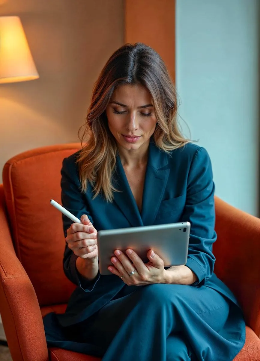 Woman in teal suit using a tablet with a stylus in a cozy room with warm lighting.