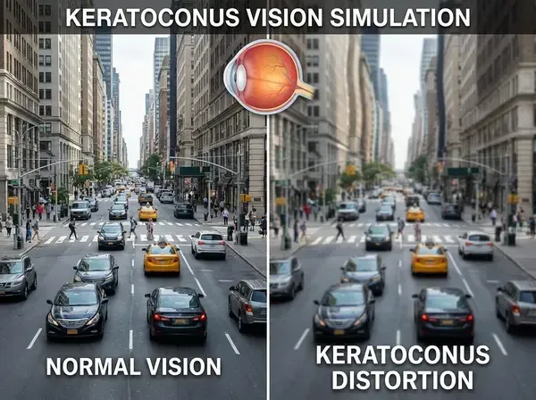Comparison showing how keratoconus distorts vision compared to normal eyesight in San Francisco