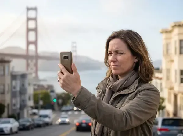 Active San Francisco professional over 40 struggling to read smartphone experiencing presbyopia symptoms