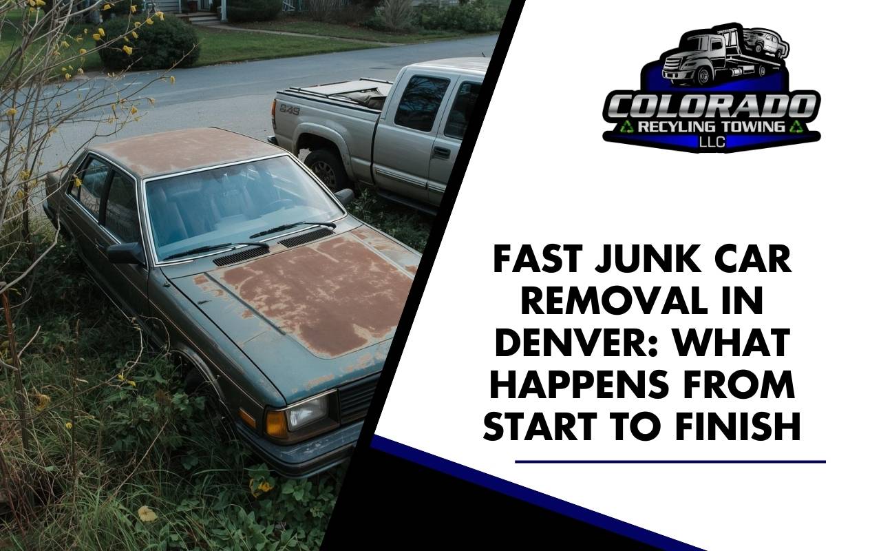 Fast Junk Car Removal in Denver clearing an old car from a residential driveway