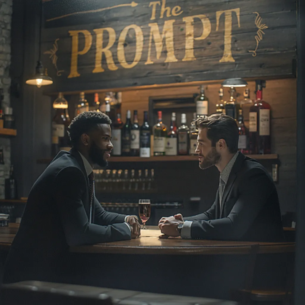 Two attorneysare sitting at a bargaining table at a bar named "Prompt"