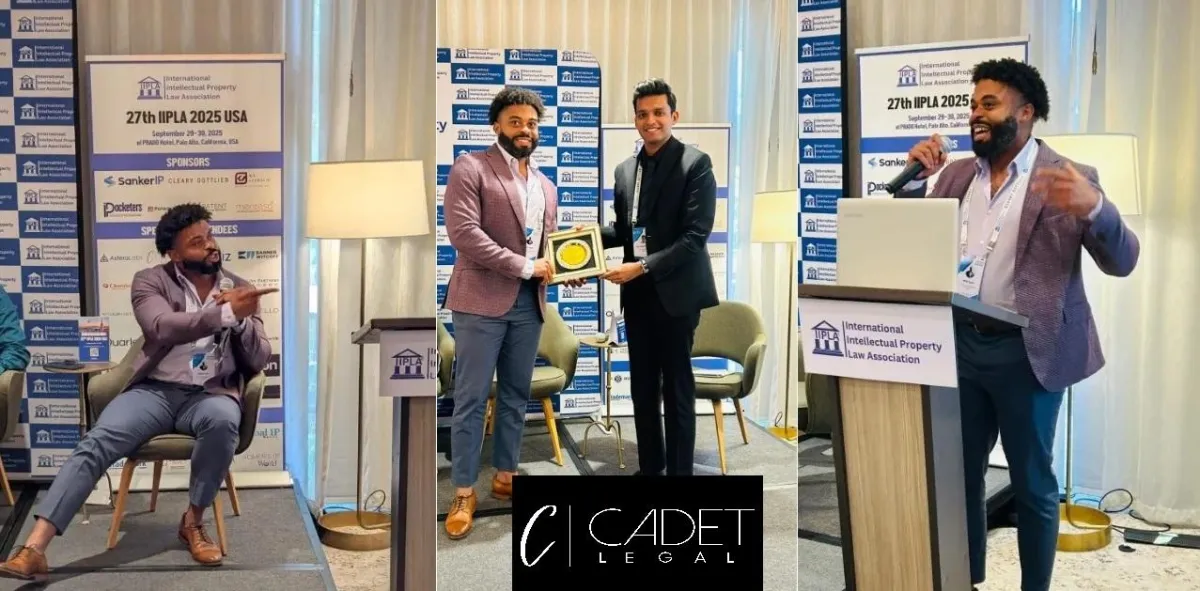 Denzel Cadet, the managing member of Cadet Legal is featured in a blazer and slacks speaking at a podium and from a stage and receiving a plaque at the IILPA conference