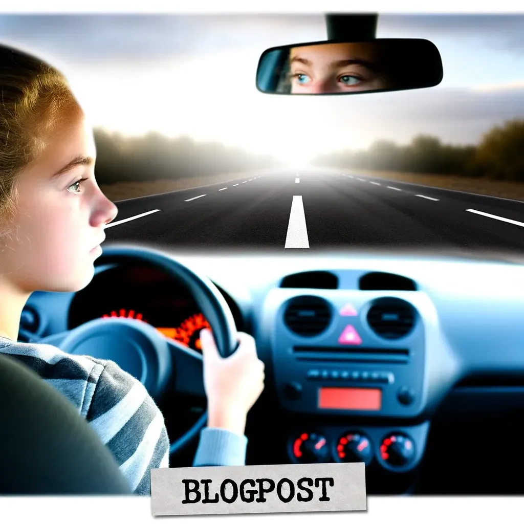 Young driver focused on the road ahead, symbolizing preparation and confidence for the driving test, with morning light casting a hopeful glow on the start of a new journey.