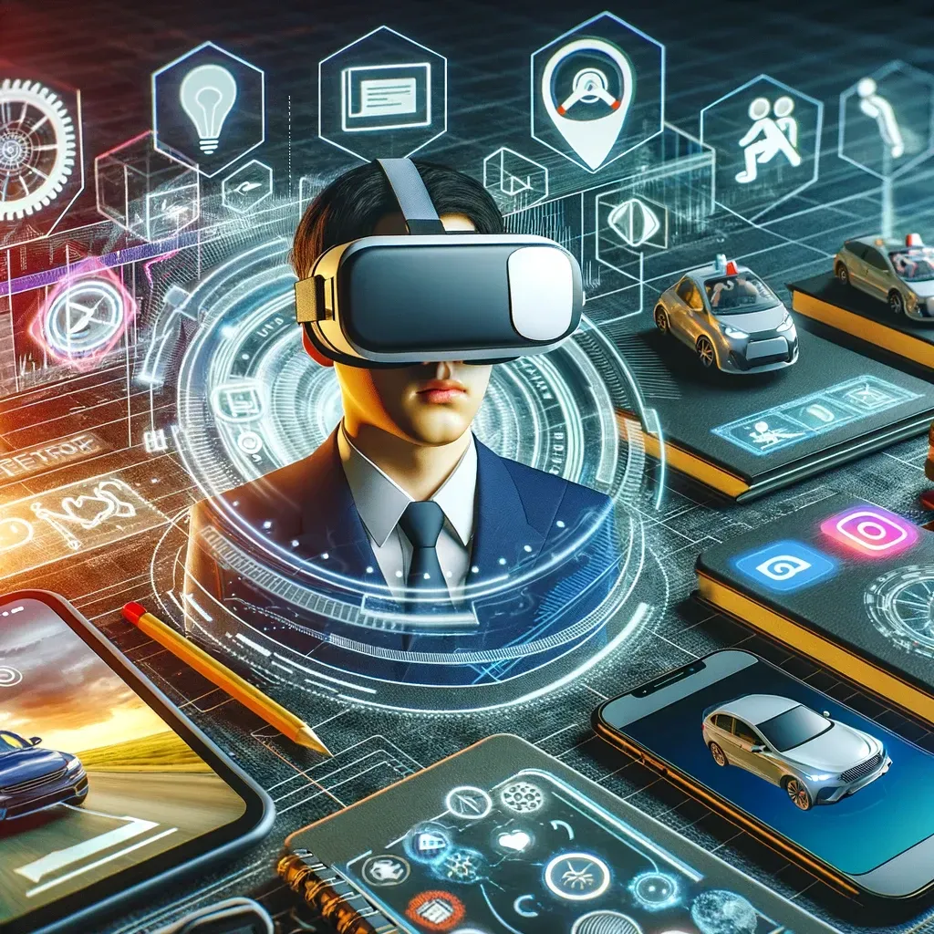 Collage of modern driving education technologies featuring a person using a VR headset in a simulated driving environment, mobile apps for driving training displayed on smartphones, and an e-learning platform interface. The image symbolizes the fusion of cutting-edge technology with traditional driving instruction methods, highlighting a futuristic and interactive approach to learning driving skills.