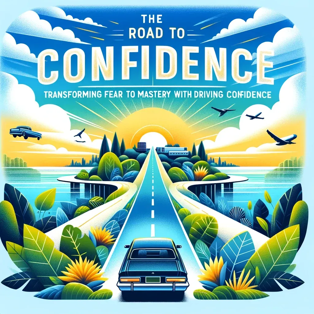 An inspiring image showing a road stretching into the horizon with a car symbolizing the journey towards driving confidence, framed by a sunrise and vibrant colors of blue, gold, and green, representing trust, success, and growth.