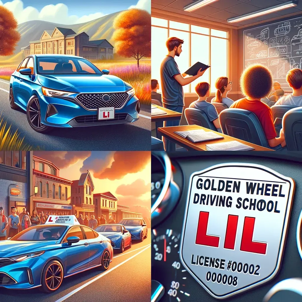 Close-up of a driving school car dashboard with Golden Wheel Driving School - License #000008 placard, emphasizing certified and professional driving education.