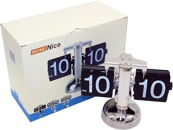Image of the WoneNice Retro Digital Flip Down Clock with its packaging. The clock features a stainless steel base and black flip-down numbers displaying the time 10:10 PM. The packaging box is placed next to the clock, showcasing the same clock design on its front.