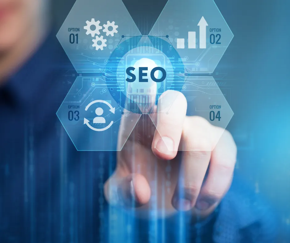 SEO is the center of your online presence. This is an image of a man with his finger on SEO, which is surrounded by growth, connections, and mechanical gears. 