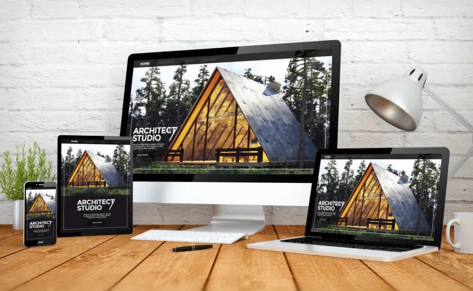 Image of an architect’s website seamlessly designed to be viewable and user-friendly on a tablet, desktop, and mobile device.
