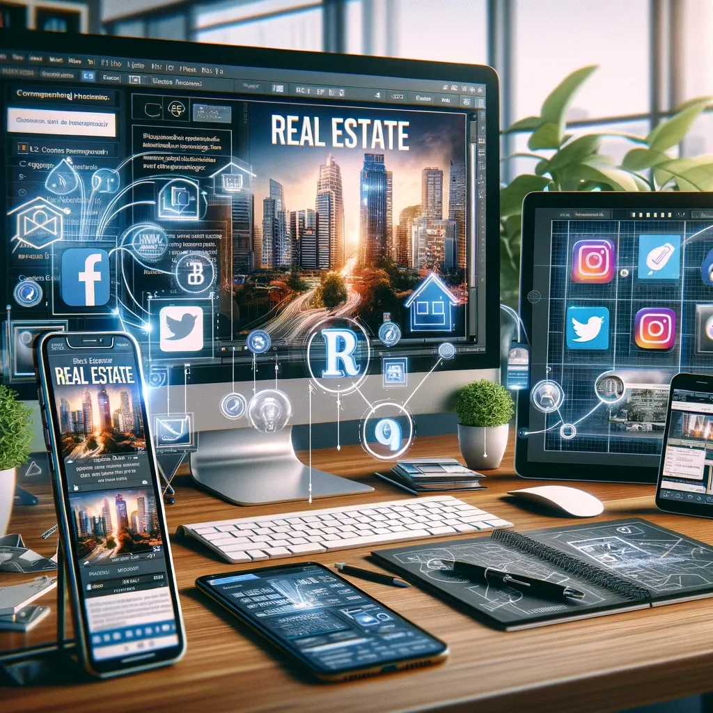 Composite Image of Real Estate Digital Marketing Elements: Includes a blog post on a computer screen, social media icons, video editing software, and a content calendar. This illustrates the comprehensive approach to content marketing.