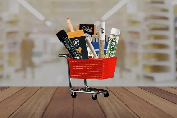 Preroll brands in packaging in a red shopping cart