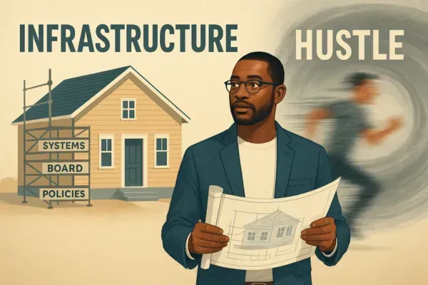 Illustration of a nonprofit leader holding blueprints while standing between two contrasting concepts: a structured building labeled with systems and policies, and a blurred figure running symbolizing hustle. Represents the idea of building nonprofit infrastructure before pursuing impact.