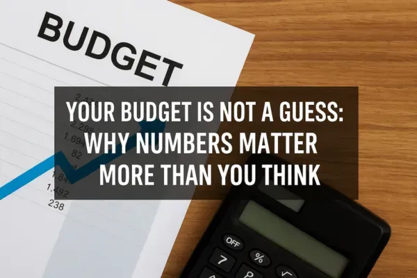 A budget document with a rising line graph sits on a wooden desk next to a black calculator. A dark overlay displays the text Your Budget Is Not a Guess: Why Numbers Matter More Than You Think.