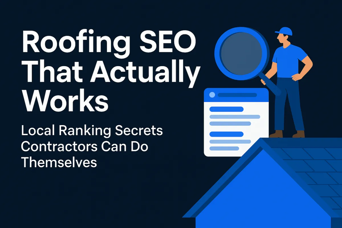 Cover image: “Roofing SEO That Actually Works – Local Ranking Secrets Contractors Can Do Themselves,” with roofer on a rooftop and a magnifying glass over search results.
