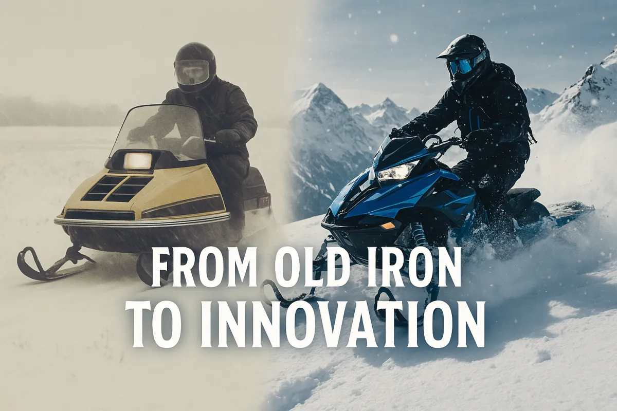 Split-image showing the evolution of snowmobiles: on the left, a vintage 1980s snowmobile riding across a snowy hay field in muted tones; on the right, a modern, high-performance snowmobile carving through deep powder in vibrant colors with mountains in the background. Title overlay reads 'From Old Iron to Innovation'.