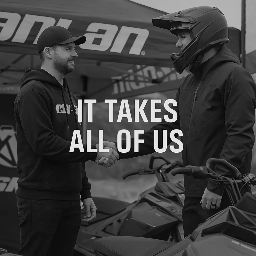 An outdoor athlete and a brand representative shake hands beside outdoor equipment, with product logos and gear banners in the background. The image captures mutual respect and collaboration, symbolizing the importance of athlete-brand partnerships in the outdoor industry. The phrase ‘It Takes All of Us’ overlays the image.