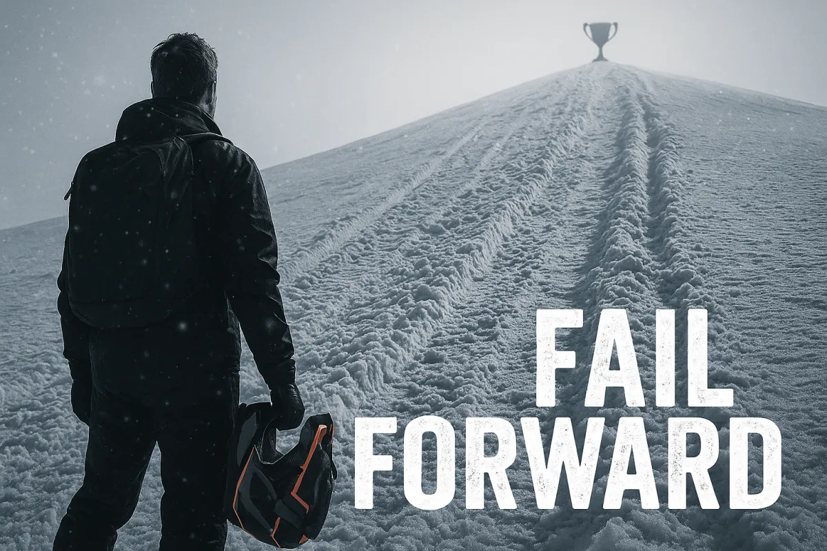 A snowmobiler standing at the base of a steep hill holding their helmet, gazing upward at the slope with a determined look. The phrase ‘Fail Forward’ overlays the image, symbolizing persistence after setbacks and the journey to success
