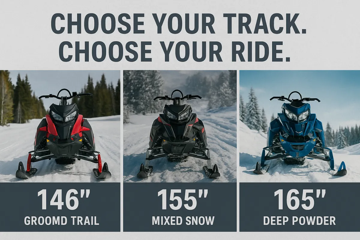 Three snowmobiles side by side, each labeled by track length—146, 155, and 165 inches—positioned on different terrains: a groomed trail, mixed snow, and deep powder. Overlay text reads ‘Choose Your Track. Choose Your Ride.