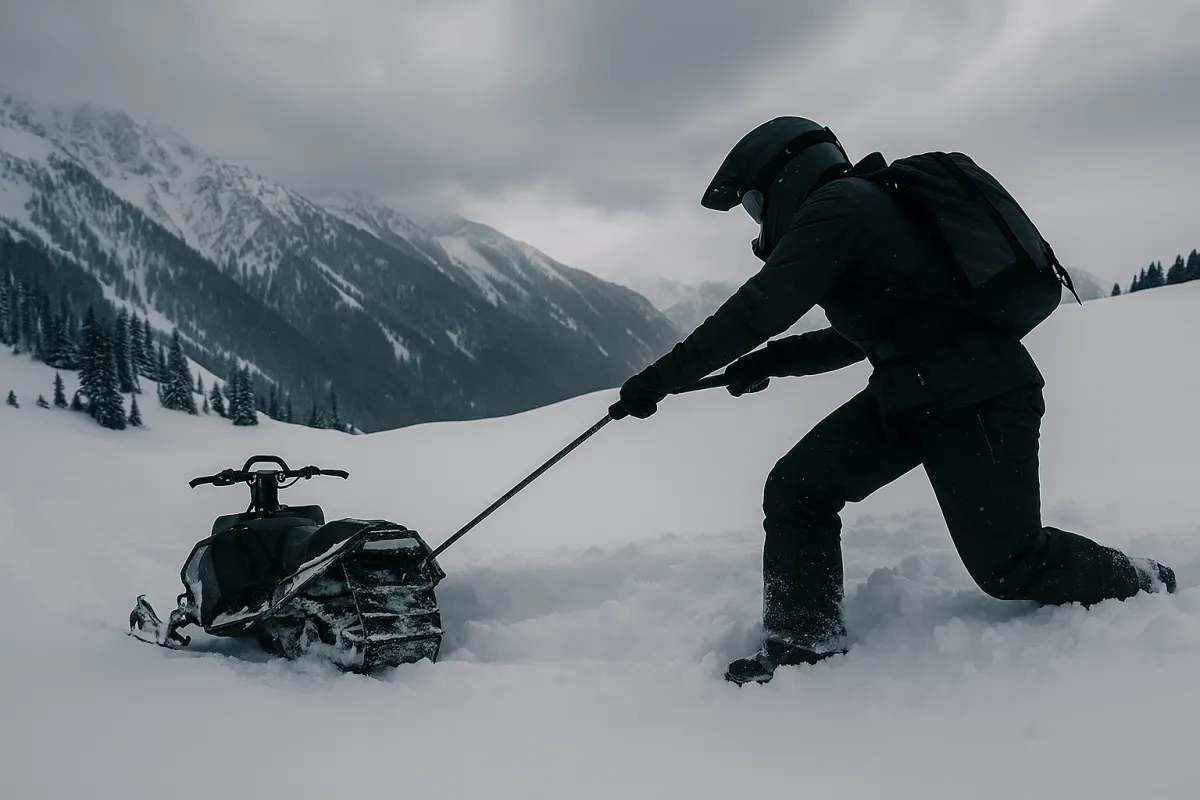 “A snowmobiler pulling a disabled sled through deep snow with a harness, surrounded by rugged mountain terrain and gray skies.”