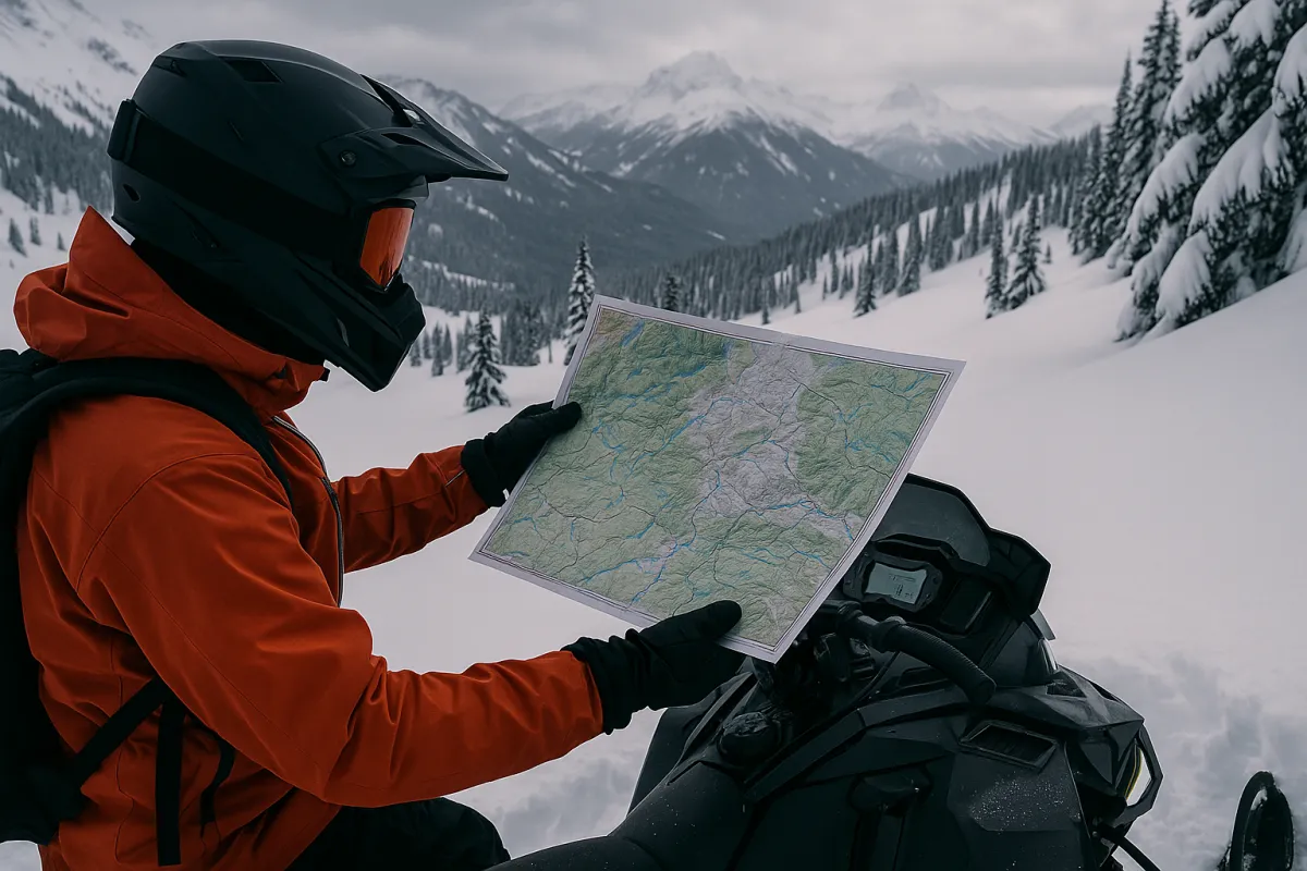 First-person view from a snowmobiler’s perspective, studying a riding map while surrounded by untouched snow and vast mountain terrain. Represents the theme of navigating unfamiliar areas and stepping into new challenges.